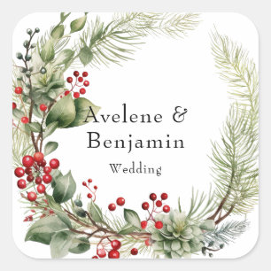 Christmas Red Berries Pine Needles Wreath Wedding Square Sticker