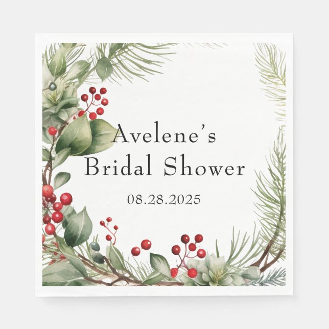 Christmas Red Berries Pine Wreath Bridal Shower Napkin (Front)