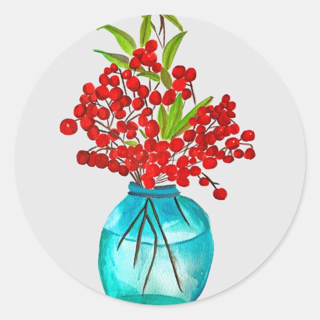 Christmas red berries  watercolor art classic round sticker (Front)