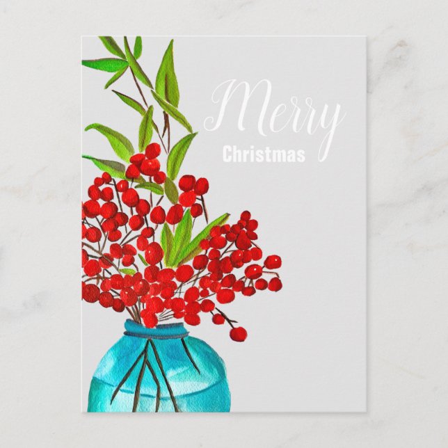 Christmas red berries  watercolor art holiday postcard (Front)