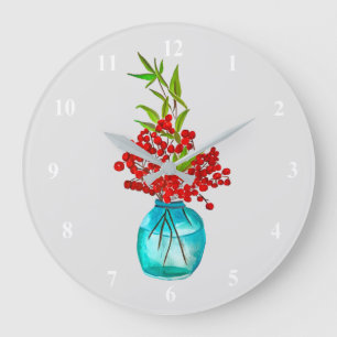 Christmas red berries  watercolor art large clock