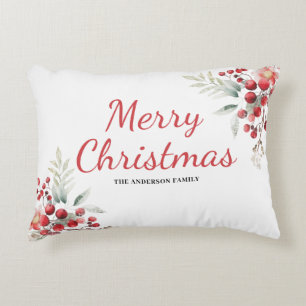 Christmas Red Berry Floral Botanical Name Accent Pillow