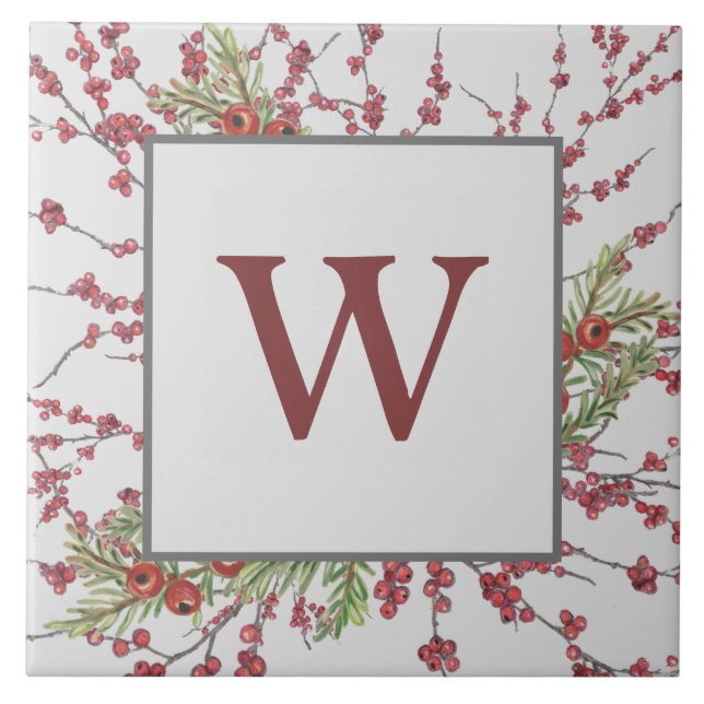 Christmas Red Berry Grey Branch Botanical Monogram Tile (Front)