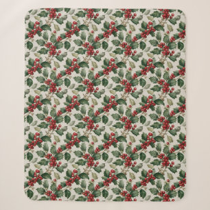 Christmas Red Berry Holly On Faux Linen Sherpa Blanket