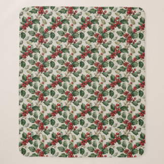 Christmas Red Berry Holly On Faux Linen Sherpa Blanket