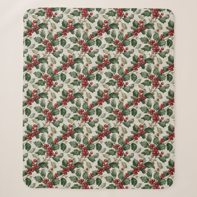 Christmas Red Berry Holly On Faux Linen Sherpa Blanket (Front)
