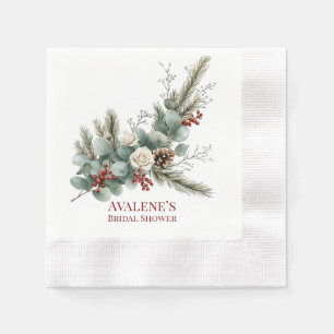 Christmas Red Berry White Rose Bridal Shower Napkin