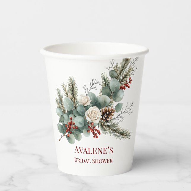 Christmas Red Berry White Rose Bridal Shower Paper Cups (Front)