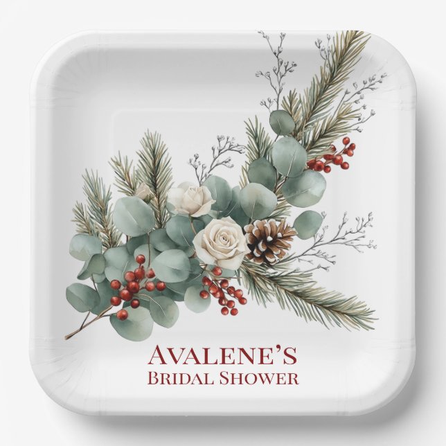 Christmas Red Berry White Rose Bridal Shower Paper Plate (Front)