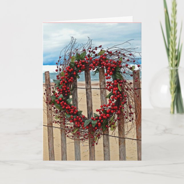 Christmas red berry wreath on beach fence holiday card (Front)