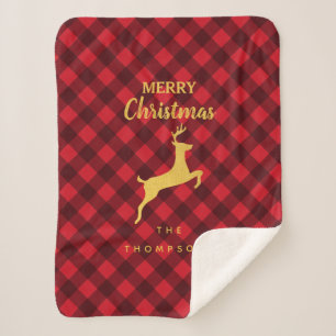 Christmas Red Black Buffalo Plaid Deer Sherpa Blanket