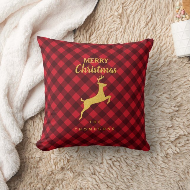 Christmas Red & Black Buffalo Plaid Deer Throw Pillow (Blanket)