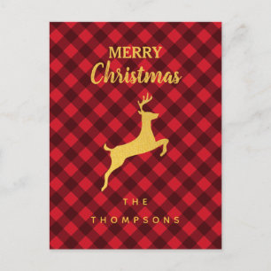 Christmas Red & Black Buffalo Plaid Reindeer Xmas Holiday Postcard