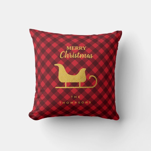 Christmas Red & Black Buffalo Plaid Santa Sleigh Throw Pillow (Front)