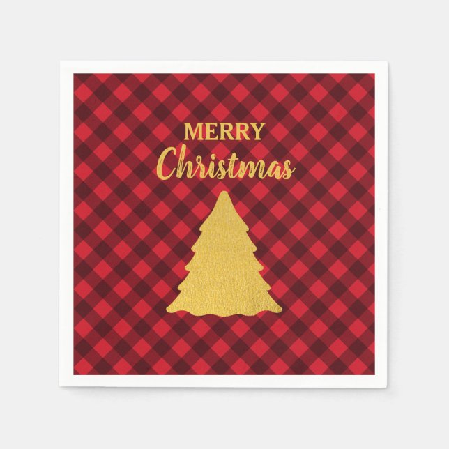 Christmas Red & Black Buffalo Plaid Xmas Tree Napkin (Front)