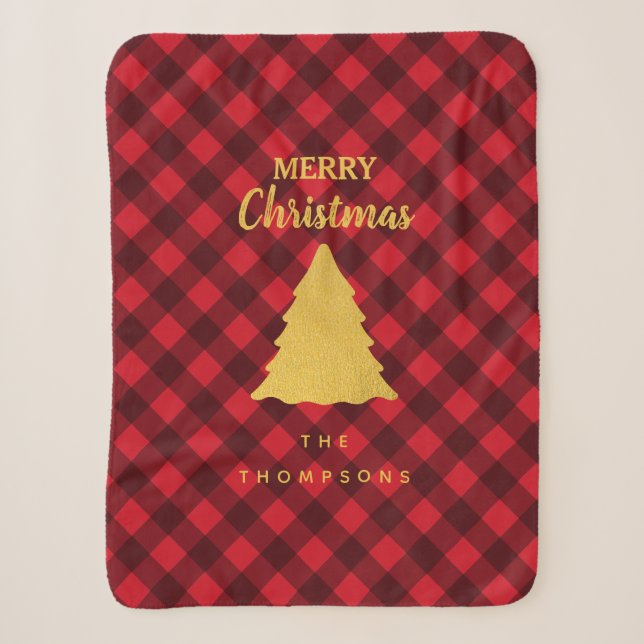Christmas Red & Black Buffalo Plaid Xmas Tree Sherpa Blanket (Front)