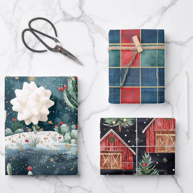 Christmas Red Blue Green Cactus Floral Wrapping Paper Sheet (Front)