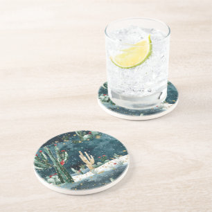 Christmas Red Blue Green Western Cactus Coaster