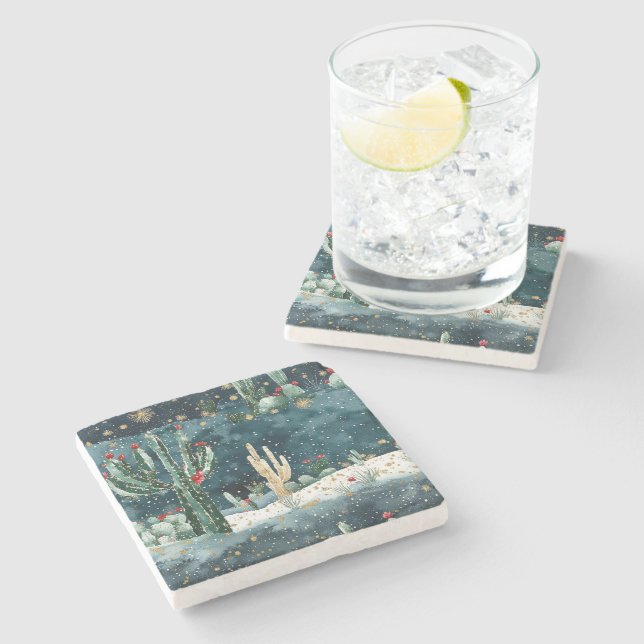 Christmas Red Blue Green Western Cactus Stone Coaster (Side)