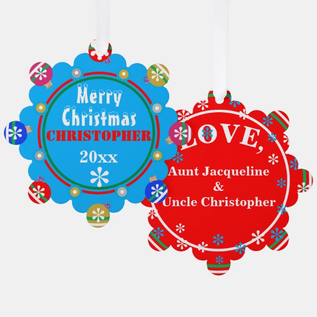 Christmas Red Blue Pink Gold Snowflakes NAME Ornament Card (Front/Back)