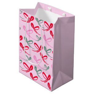 Christmas Red Bows Green Pink Hand Drawn Medium Gift Bag