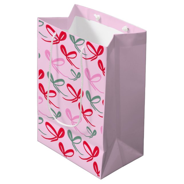 Christmas Red Bows Green Pink Hand Drawn Medium Gift Bag (Front Angled)