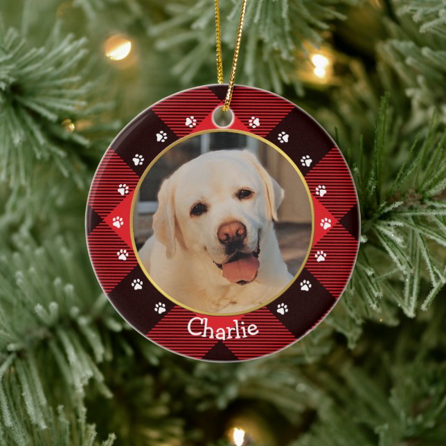 Christmas Red Buffalo Check Plaid Dog Photo & Name Ceramic Ornament (Tree)