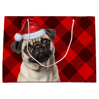 Christmas Red Buffalo Plaid Pug Dog Lover Large Gift Bag