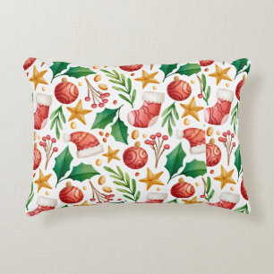 Christmas Red Bulbs, Poinsettia Parts and Nut    Accent Pillow