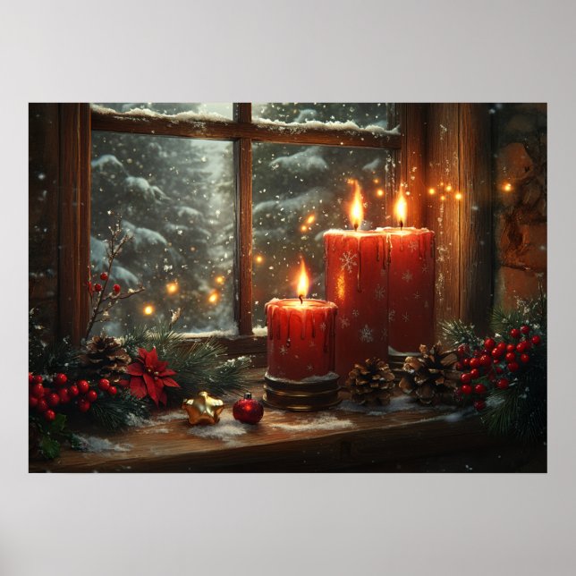 Christmas Red Candles Wintery Window Poster (Front)
