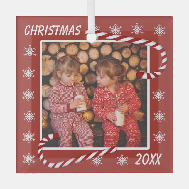 Christmas Red Candy Canes Custom Photo Glass Ornament (Front)