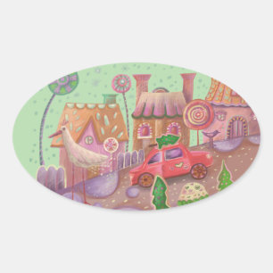 christmas  red car  oval sticker