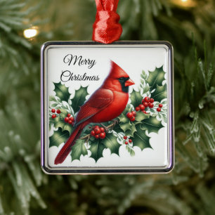 Christmas Red Cardinal and Holly  Metal Ornament
