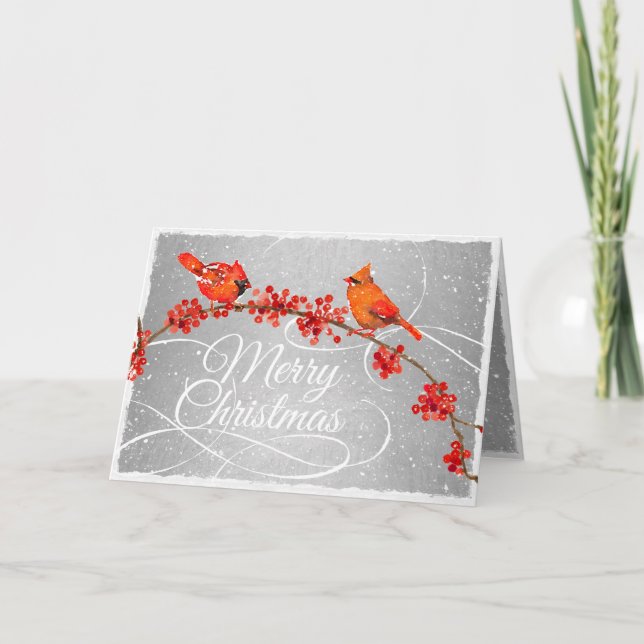 Christmas Red Cardinal Birds Faux Silver Holiday Card (Front)
