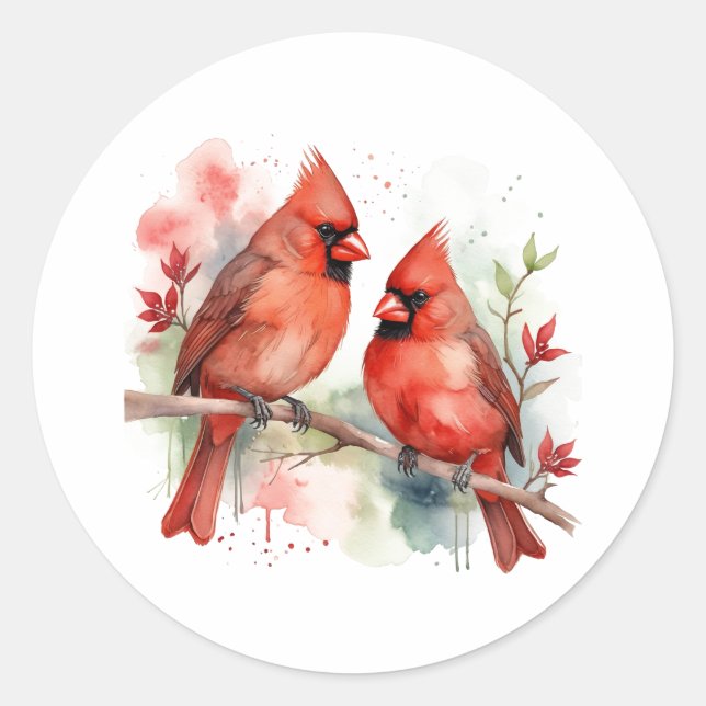 Christmas Red Cardinal Birds Holiday Art Classic Round Sticker (Front)