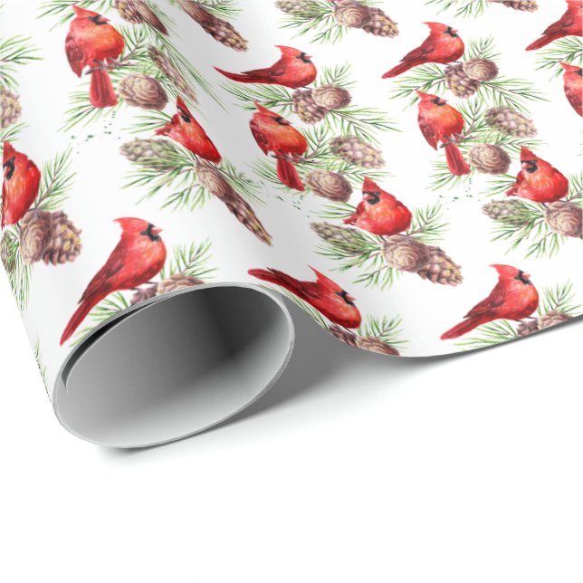 Christmas Red Cardinal Birds Holly Berry Branch Wrapping Paper (Roll Corner)