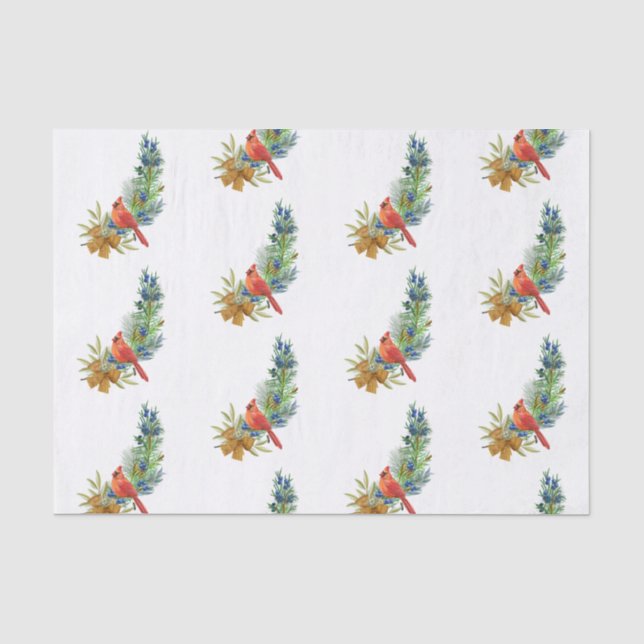 Christmas Red Cardinal Blue Berries Watercolor Tissue Paper (Front)