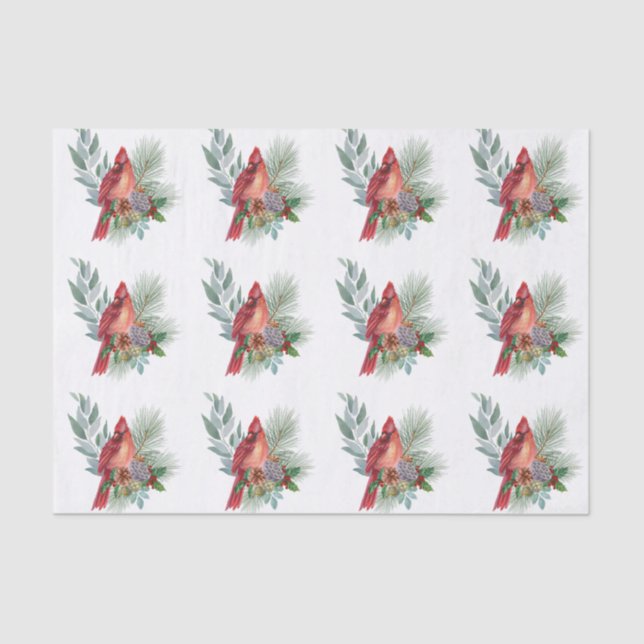 Christmas Red Cardinal Greenery Watercolor Tissue Paper (Front)