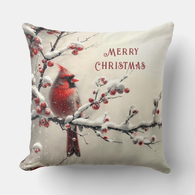 Christmas Red Cardinal Holiday Throw Pillow (Front)