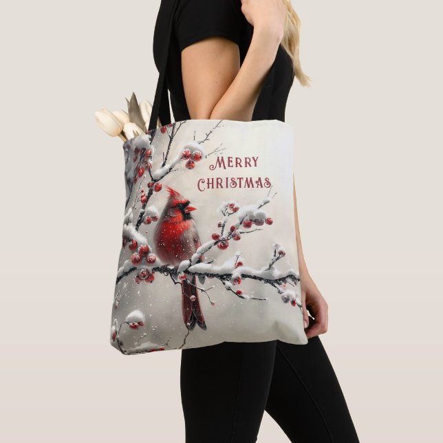 Christmas Red Cardinal Holiday Tote Bag (Close Up)