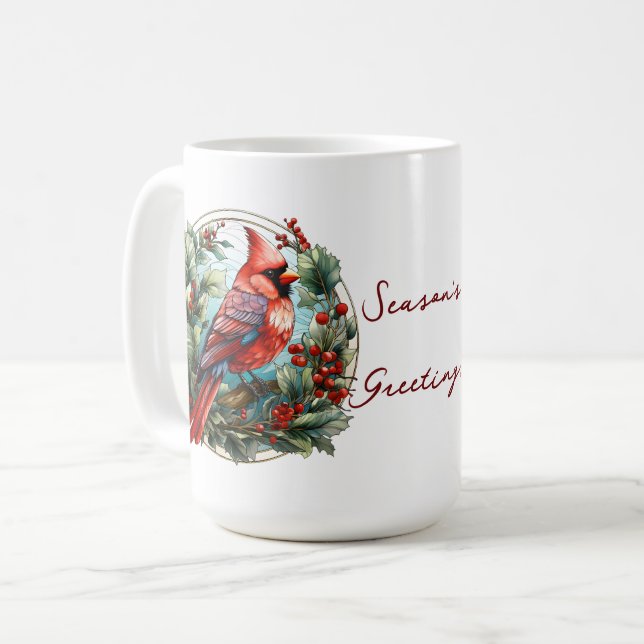 Christmas Red Cardinal Holly Berries Festive Coffee Mug (Front Left)