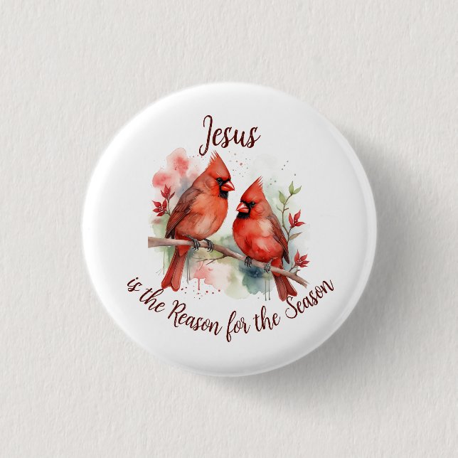 Christmas Red Cardinal Jesus Reason for Season 1 Inch Round Button (Front)