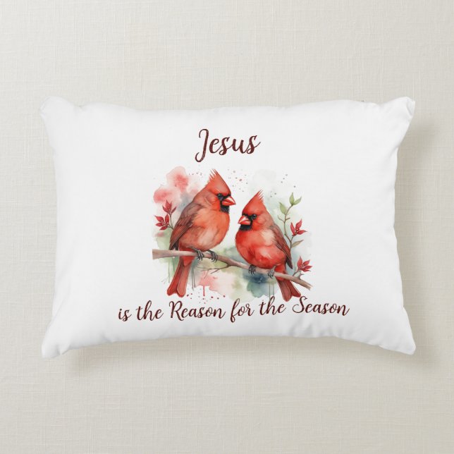Christmas Red Cardinal Jesus Reason for Season Accent Pillow (Front)