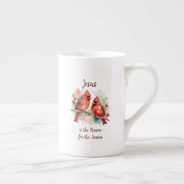 Christmas Red Cardinal Jesus Reason for Season Bone China Mug (Right)