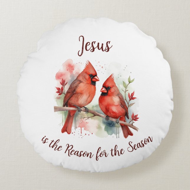 Christmas Red Cardinal Jesus Reason for Season Round Pillow (Front)