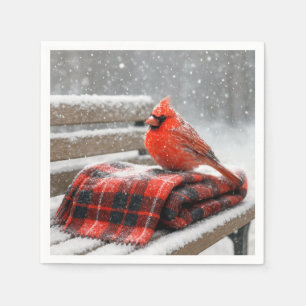 Christmas Red Cardinal on a Snowy Plaid Blanket Napkin