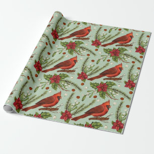 Christmas Red Cardinal, Poinsettia, Berries Wrapping Paper