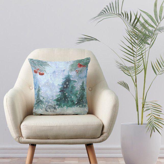 Christmas Red Cardinal Rabbit Landscape Watercolor Throw Pillow (Creator Uploaded)