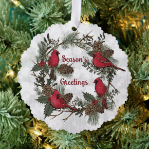 Christmas Red Cardinal Wreath Pine Boughs Ornament Card