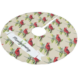 Christmas Red Cardinals & Family Name Brushed Polyester Tree Skirt